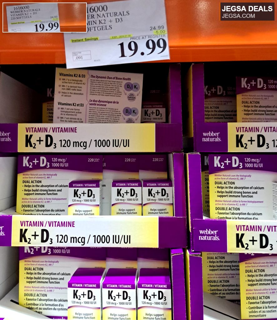 Webber Naturals Vitamin K2 + D3 220 softgels in purple and yellow packaging from Costco, priced at $19.99, supports bone and immune health.