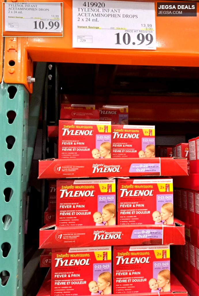 Tylenol Infant Acetaminophen Drops 2x24mL pack for fever & pain relief, red and white packaging, sold at Costco for $10.99.