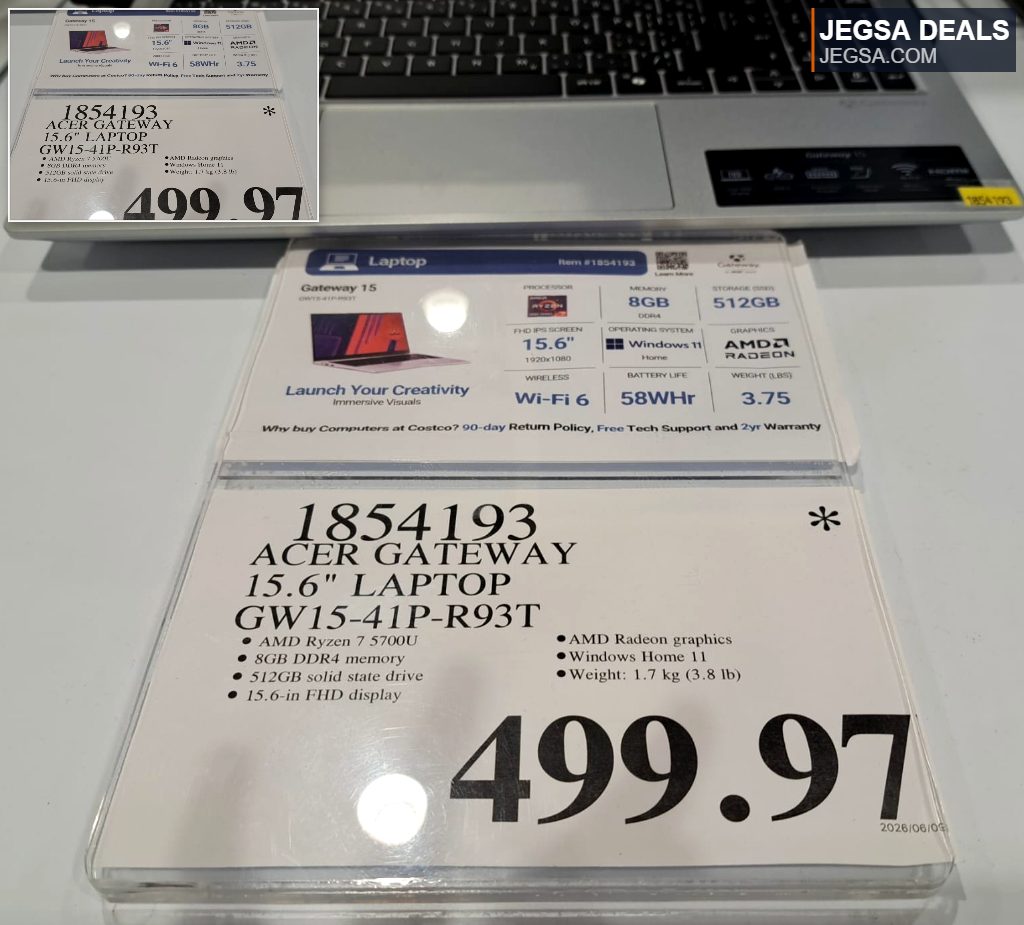 Silver Acer Gateway 15.6" laptop with AMD Ryzen 7 processor, 8GB RAM, and 512GB SSD from Costco for $499.97.