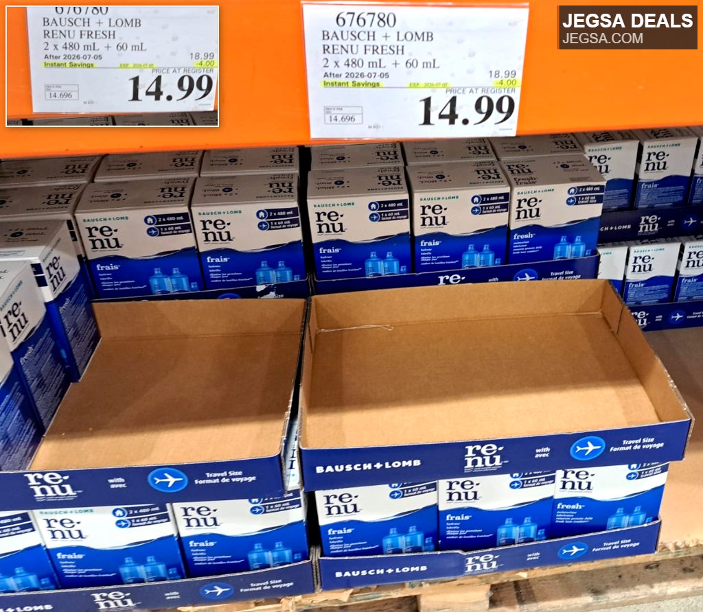Bausch + Lomb Renu Fresh contact lens solution two-pack with travel size, available at Costco for $14.99.