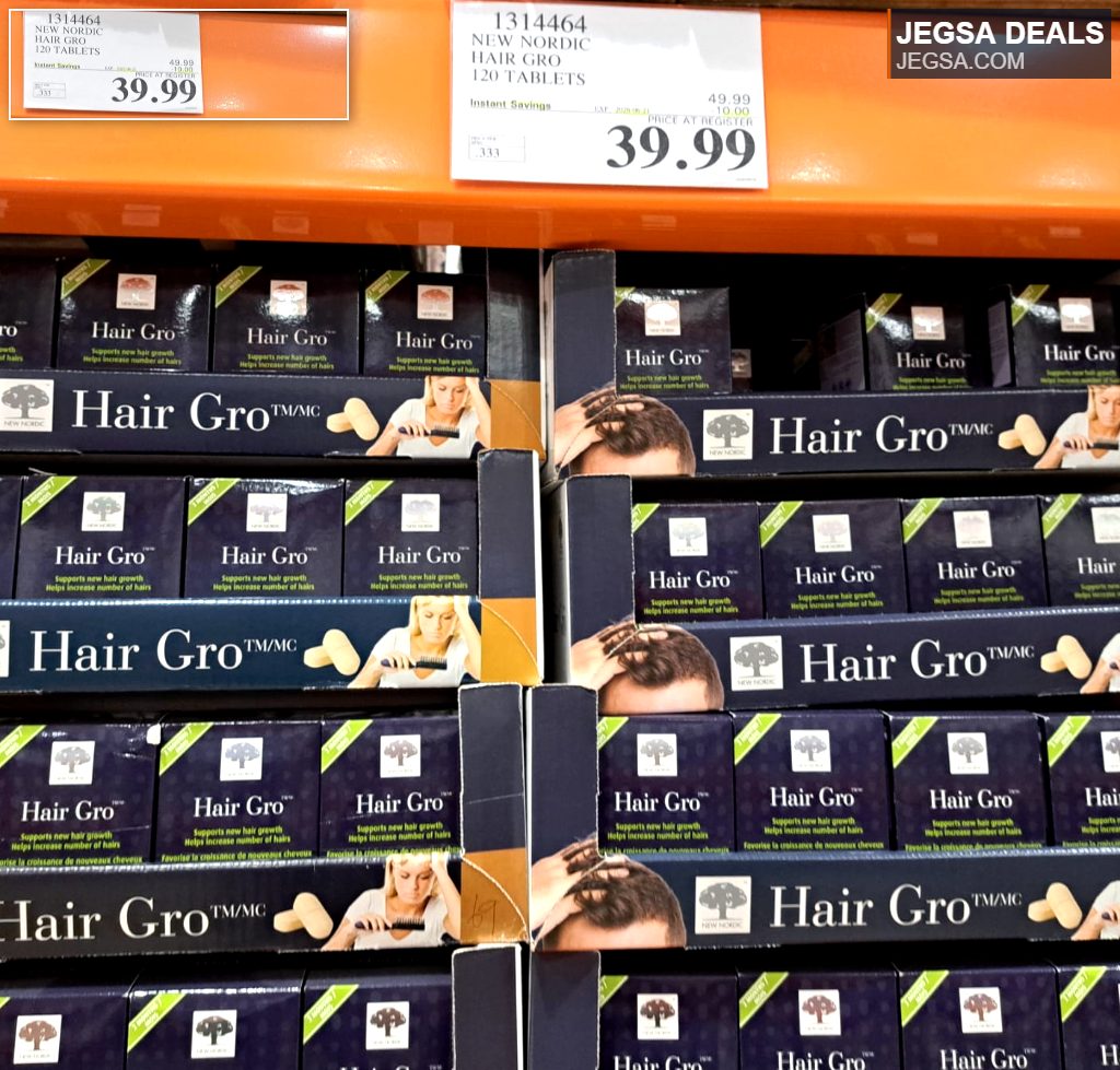 New Nordic Hair Gro 120 Tablets for hair growth, dark blue packaging, available at Costco for $39.99.