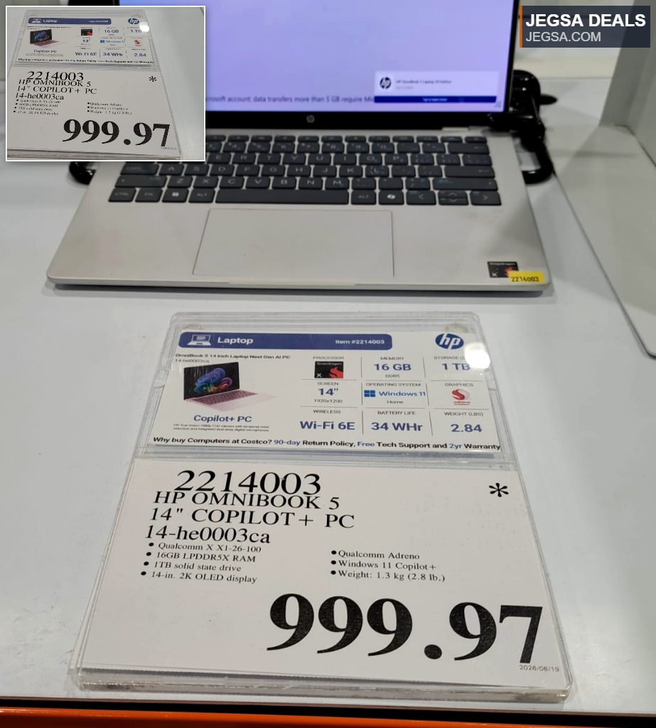HP Omnibook 5 14-inch Copilot+ PC with Qualcomm X1-26-100, 16GB RAM, 1TB SSD, and 2K OLED display, seen at Costco for $999.97.