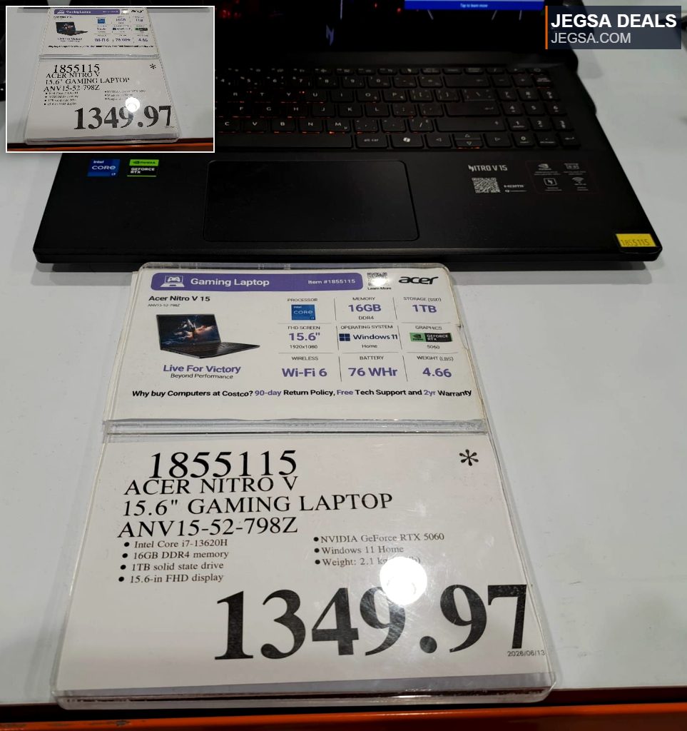 Black Acer Nitro V 15.6" gaming laptop with Intel Core i7 and NVIDIA RTX 5060, available at Costco for $1349.97.