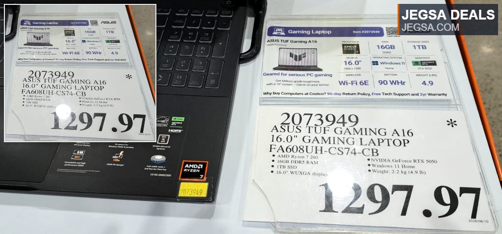 Black ASUS TUF Gaming A16 laptop with AMD Ryzen 7, NVIDIA RTX 3050, 16GB RAM, 1TB SSD, 16-inch screen at Costco for $1297.97.
