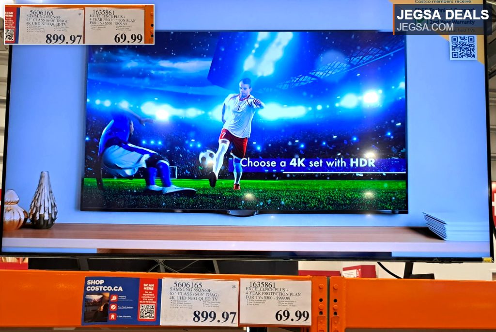 Samsung 65" Class 4K UHD Neo QLED TV displaying a soccer game, available at Costco for $899.97.