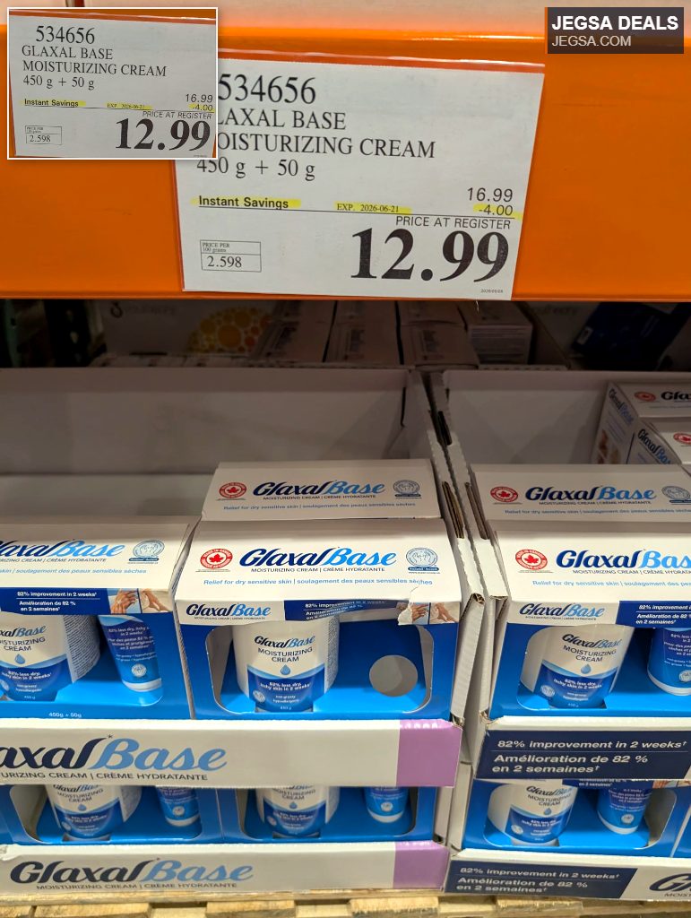 Glaxal Base Moisturizing Cream for dry sensitive skin, 450g+50g duo pack, seen at Costco for $12.99.