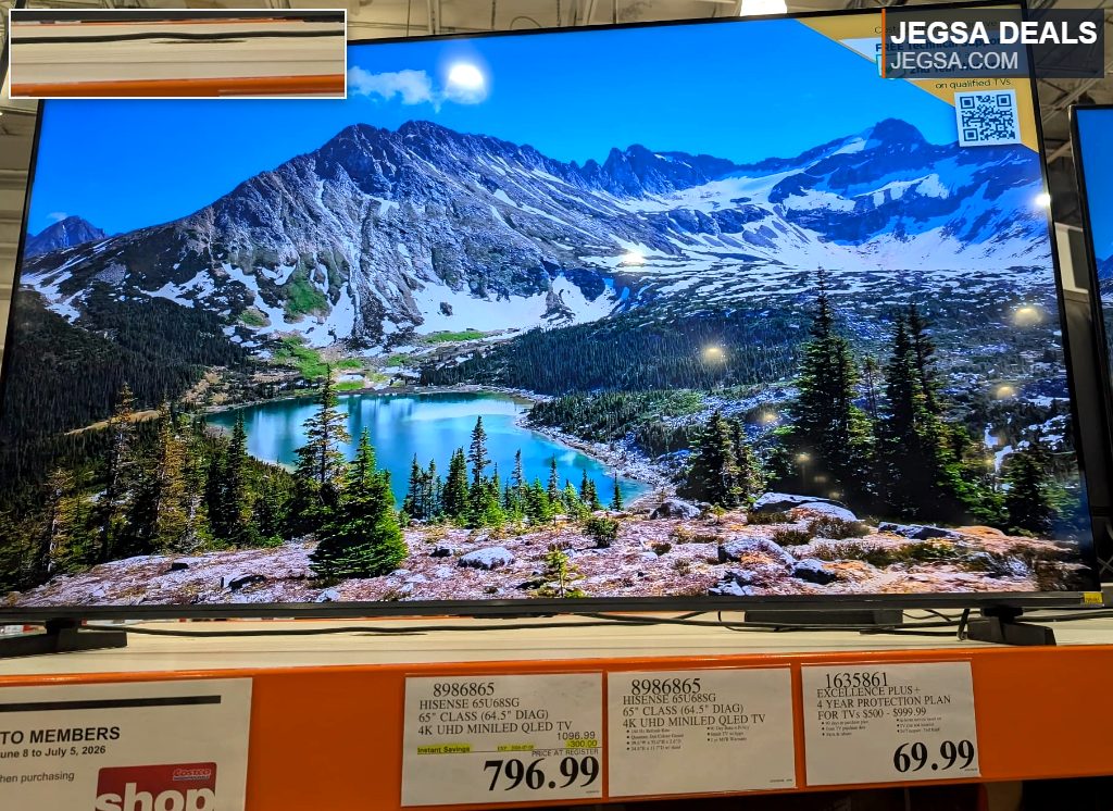 Hisense 65-inch 4K UHD MiniLED QLED TV from Costco, offering vibrant colors and sharp details for home entertainment.