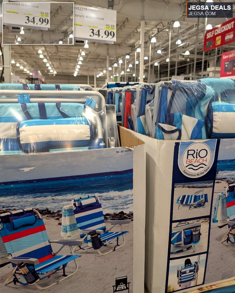 Rio blue and white striped backpack beach chair from Costco, portable for comfortable beach outings.