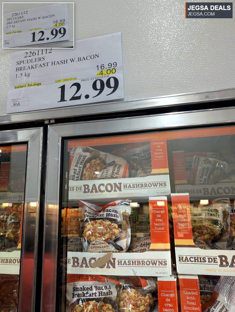 Spudlers Breakfast Hash with Smoked Bacon, 1.5kg, a frozen convenience food from Costco, currently $12.99.