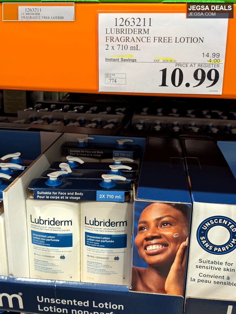 Lubriderm Fragrance Free Lotion 2x710mL pack for sensitive skin, available at Costco for $10.99.