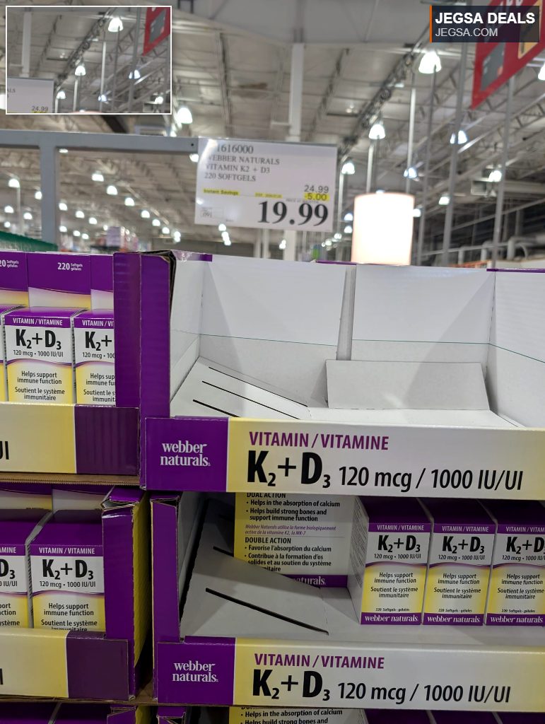 Webber Naturals Vitamin K2+D3 220 softgels, 120 mcg/1000 IU, supports immune function, from Costco for $19.99.