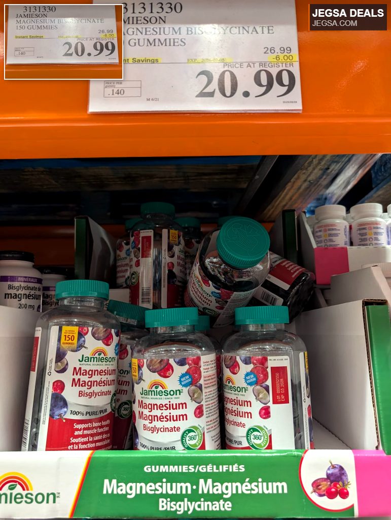 Jamieson Magnesium Bisglycinate 150 Gummies, priced at $20.99 from Costco, for supporting bone and muscle function.