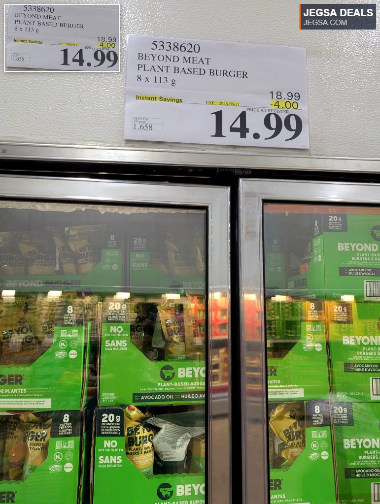 Beyond Meat Plant-Based Burger patties, 8x113g, in green and yellow packaging from Costco for $14.99.