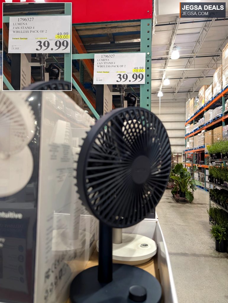 Dark gray Lumena wireless fan stand, sold as a pack of two at Costco for $39.99, offering portable cooling.