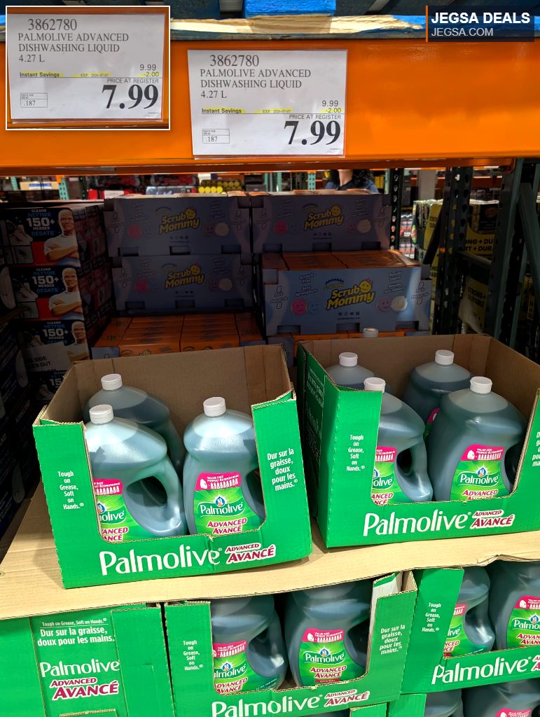 Large 4.27L Palmolive Advanced dishwashing liquid, effective on grease, gentle on hands, available at Costco for $7.99.