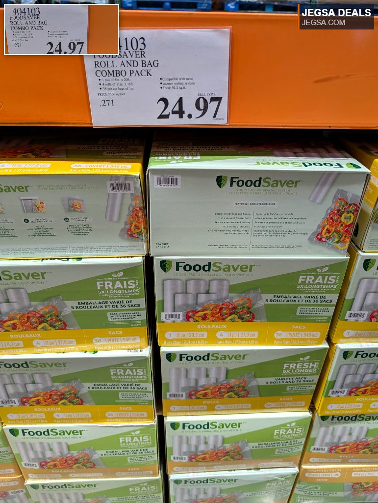 FoodSaver Roll and Bag Combo Pack, including rolls and bags for vacuum sealing food, shown in Costco.