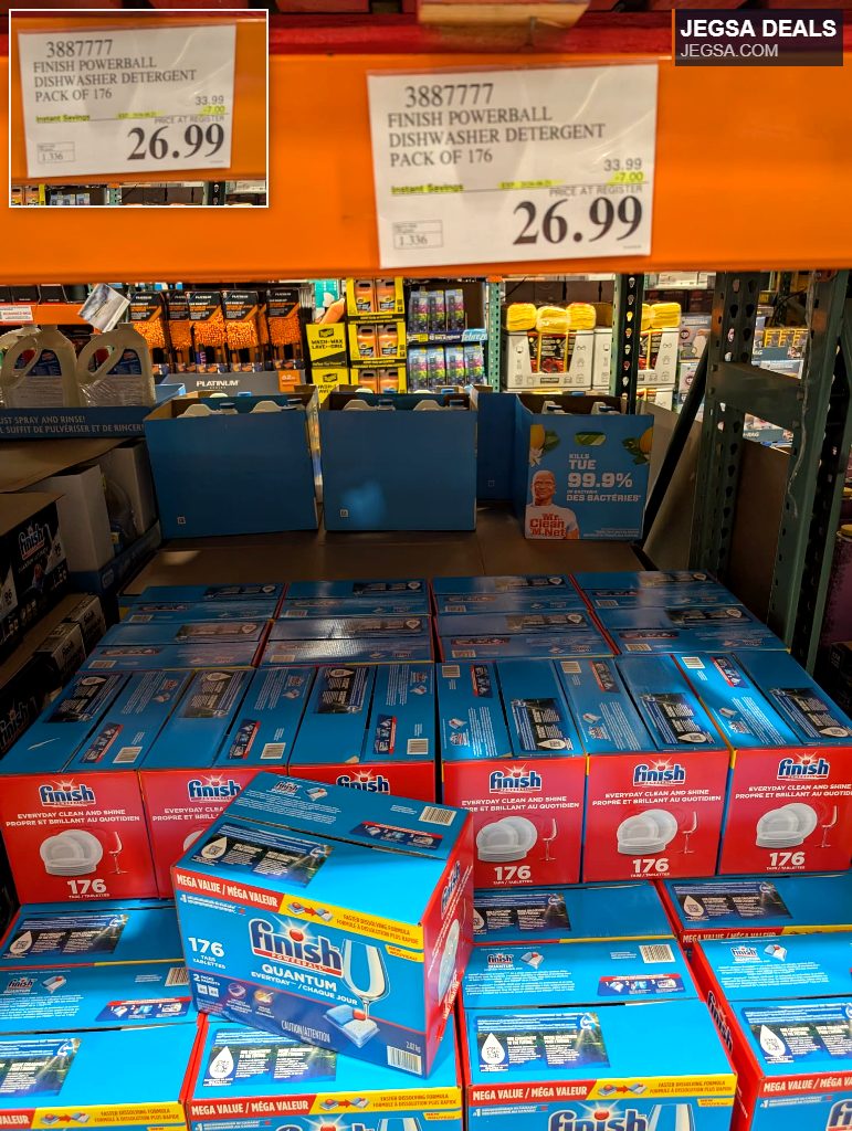 Finish Powerball Quantum dishwasher detergent tabs, 176 count, for sparkling clean dishes, found at Costco for $26.99.
