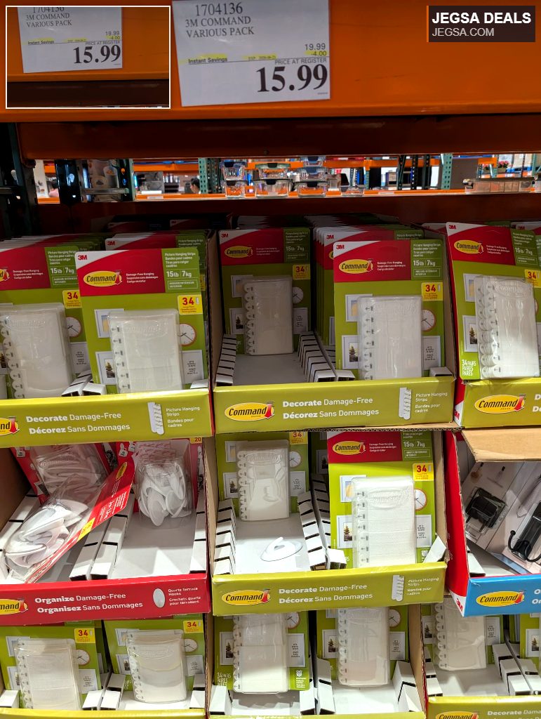 3M Command Various Pack includes damage-free picture hanging strips and hooks for home decorating and organizing, available at Costco for $15.99.