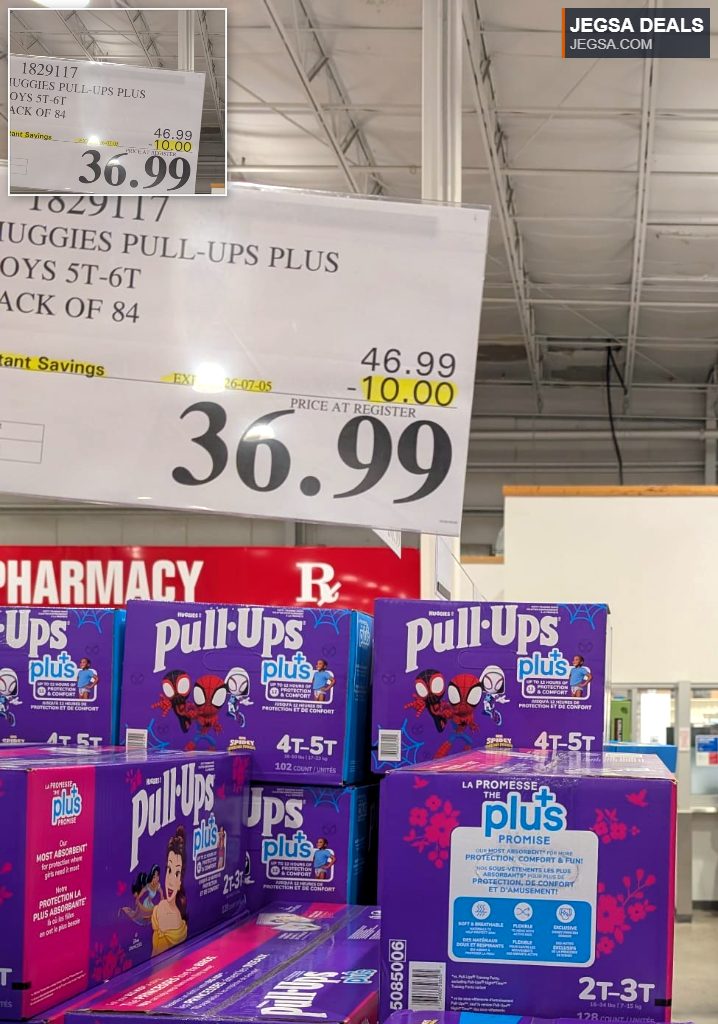 Huggies Pull-Ups Plus training pants for boys 5T-6T, featuring Spiderman, available at Costco for $36.99.
