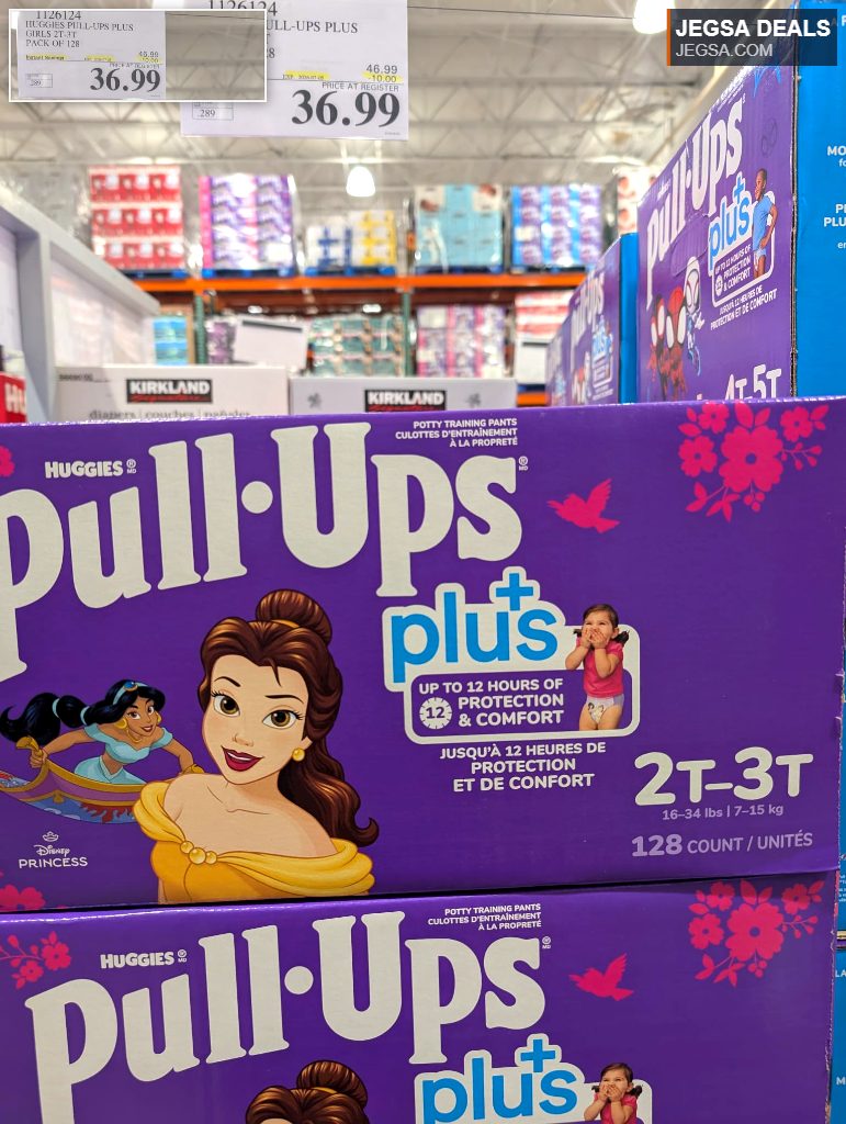 Huggies Pull-Ups Plus Girls 2T-3T training pants with Disney Princesses, 128-count, offering 12-hour protection, at Costco for $36.99.