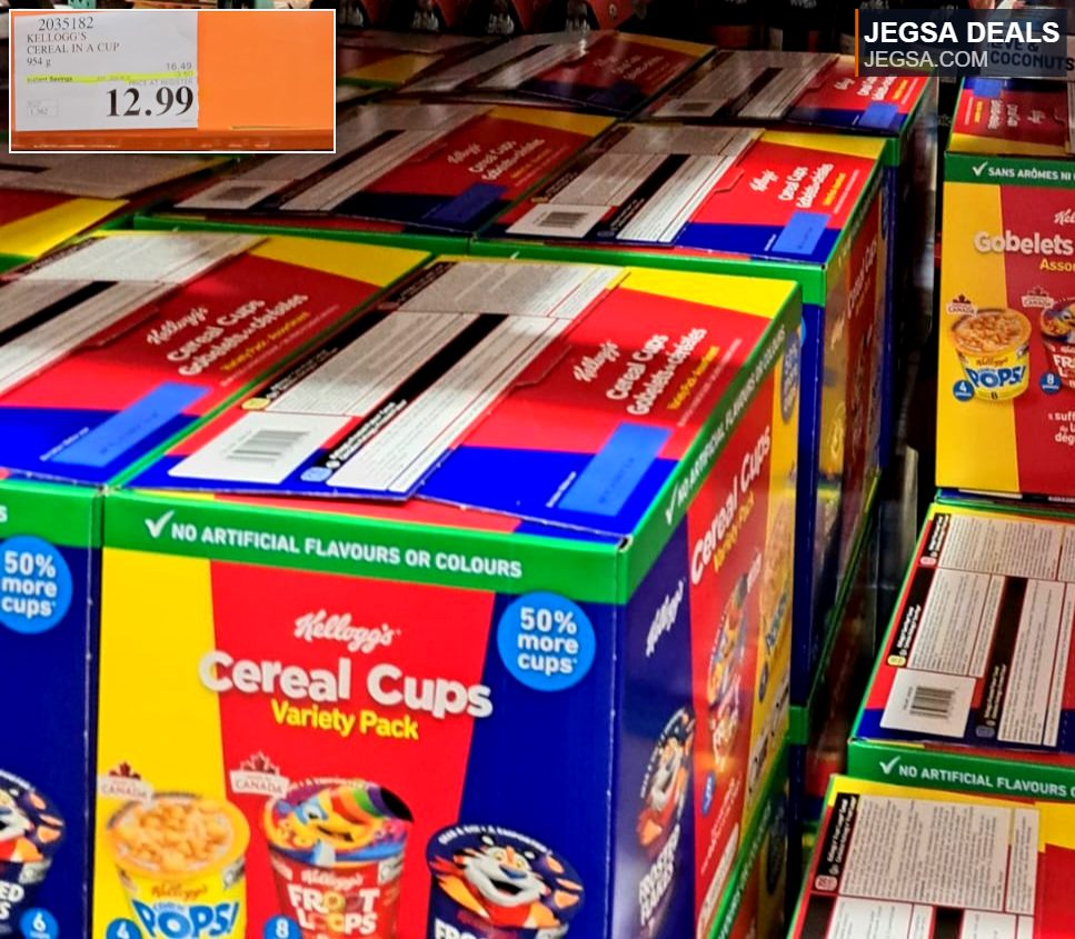 Kellogg's Cereal Cups Variety Pack, 18 cups, 954g, available at Costco for $12.99, featuring Pop's, Froot Loops, and Frosted Flakes.