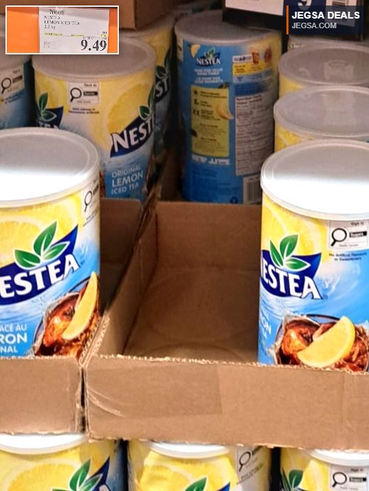 Nestea Original Lemon Iced Tea 2.2kg powdered mix in a yellow and blue canister from Costco for $9.49.