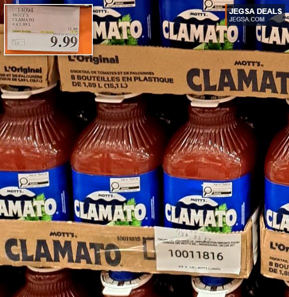 Mott's Clamato 4-pack, 1.89L bottles, original tomato and clam cocktail juice from Costco, priced at $9.99.