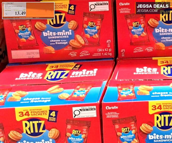 Bulk package of Ritz Bits Mini Cheese Sandwiches, 34 pouches, 1.42kg, from Costco, priced at $13.49.