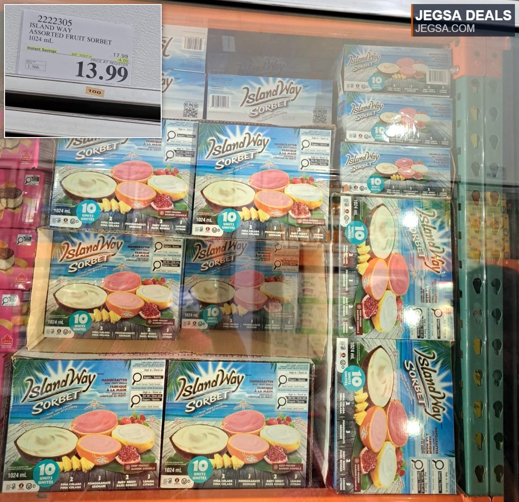 Island Way Assorted Fruit Sorbet, 1024mL, with various fruit flavors in decorative shells from Costco for $13.99.