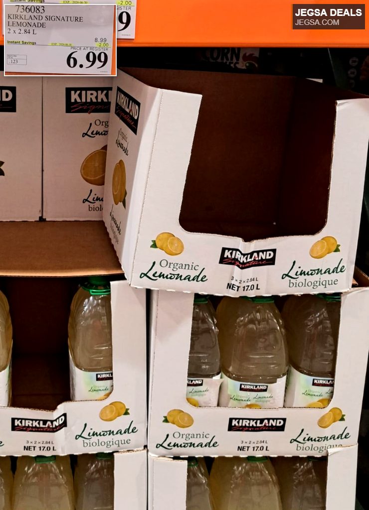 Kirkland Signature Organic Lemonade (2 x 2.84 L) from Costco, priced at $6.99. A refreshing citrus beverage.