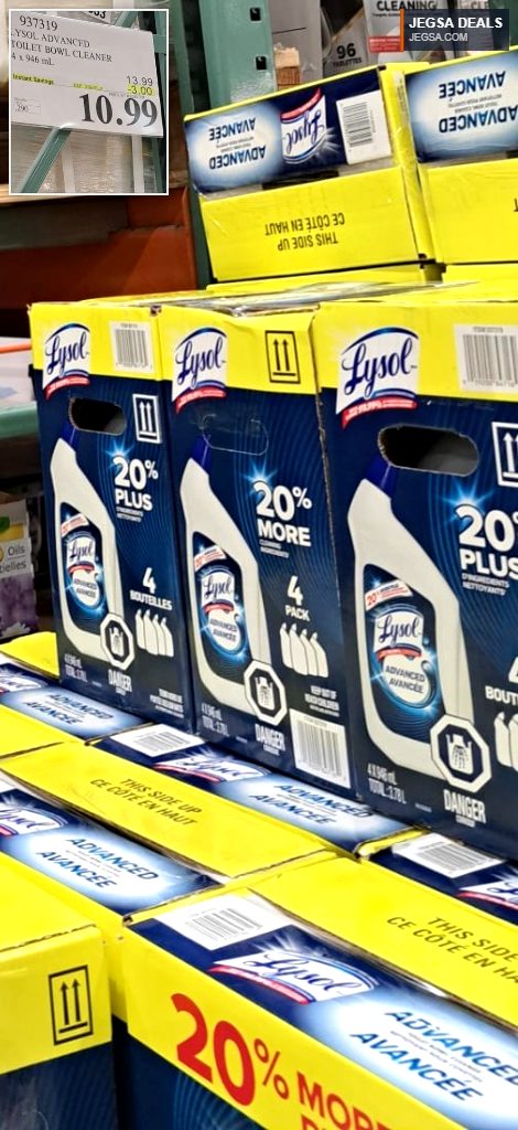 Lysol Advanced Toilet Bowl Cleaner 4-pack, 946mL bottles, with 20% more cleaning power, available at Costco for $10.99.