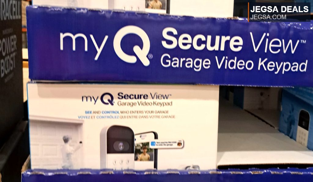 myQ Secure View Garage Video Keypad in blue and white packaging for smart home security and garage access from Costco.