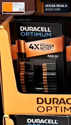Duracell Optimum AAA batteries, 30-pack, with 4X Power Boost, for electronic devices, found at Costco for $23.99.