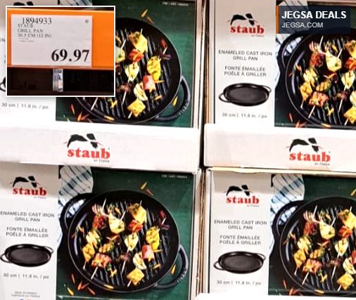 Black Staub 30cm enameled cast iron grill pan with ridges, ideal for indoor grilling, displayed at Costco for $69.97.