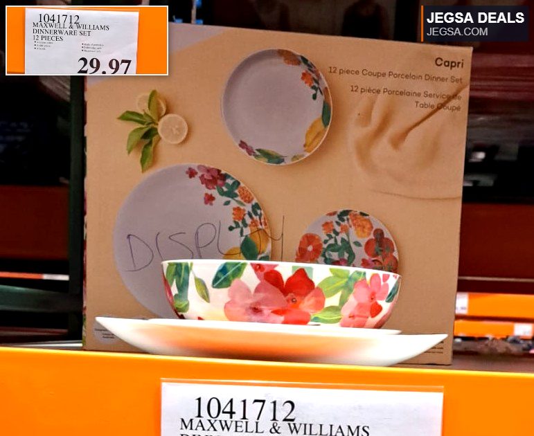 Maxwell & Williams Capri 12-piece porcelain dinnerware set with floral and lemon designs from Costco, $29.97.
