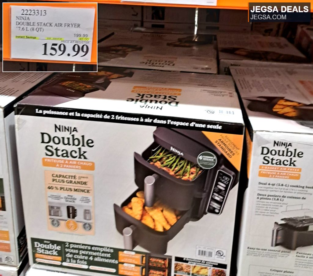 Ninja Double Stack Air Fryer, 7.6L capacity with two baskets, black, on sale for $159.99 at Costco.