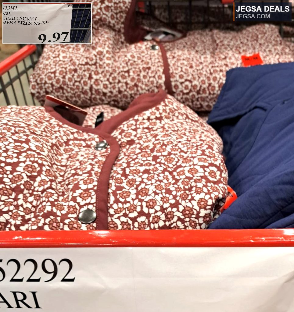 Floral quilted jacket for women, available in sizes XS-XL at Costco for $9.97, offering a comfortable and stylish layer.