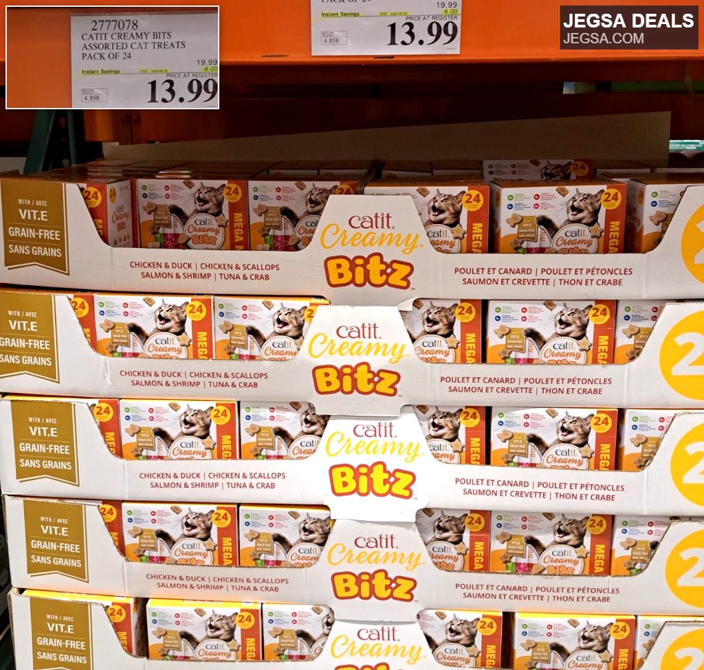 Catit Creamy Bitz assorted grain-free cat treats, 24-pack, with chicken, duck, salmon, shrimp, tuna, and crab, from Costco for $13.99.