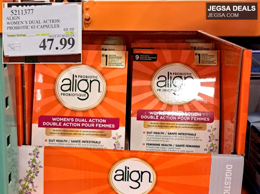 Align Women's Dual Action Probiotic 63 Capsules from Costco, supporting gut and feminine health, priced at $47.99.