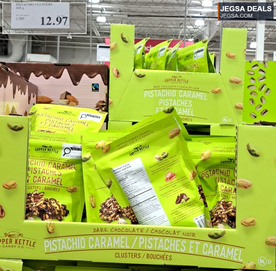 Lime green bag of Copper Kettle Dark Chocolate Pistachio Caramel Clusters from Costco, priced at $12.97.