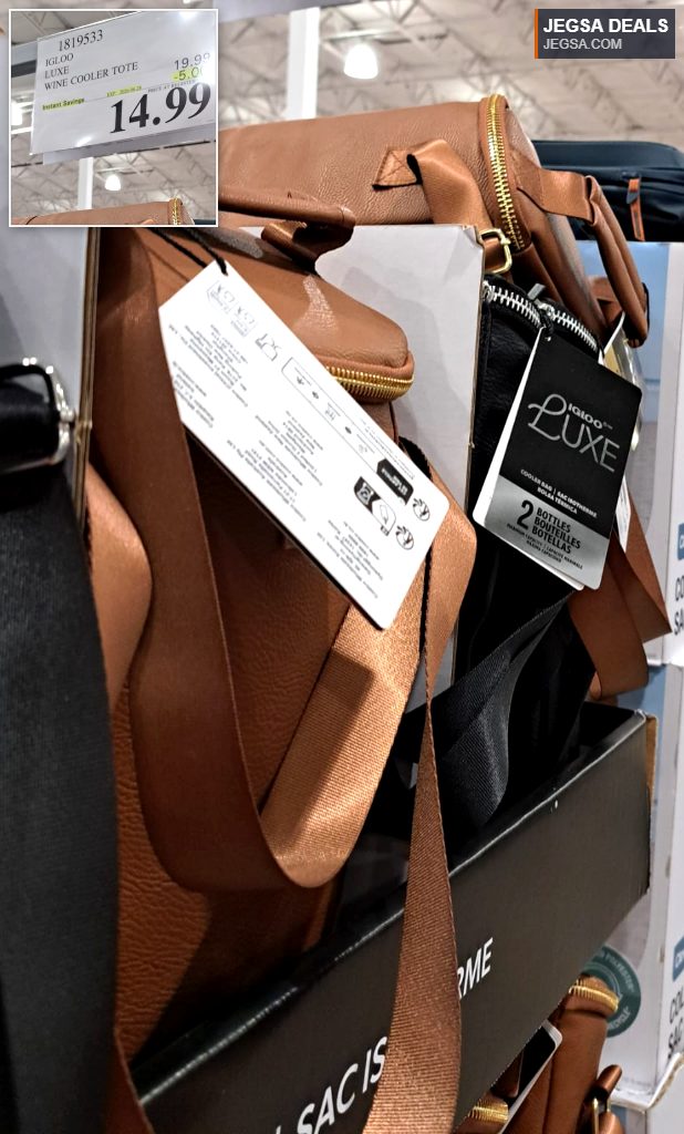 Brown faux-leather Igloo Luxe wine cooler tote from Costco, designed to carry two bottles, priced at $14.99.