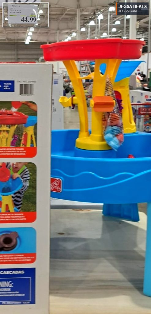 Blue and yellow Step2 Tidal Tower Water Table for kids, featuring multiple play levels and water activities, available at Costco.