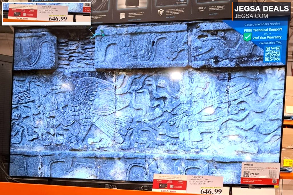 Samsung 65-inch Crystal UHD 4K LED Smart TV, U7900F model, displayed at Costco for $646.99.