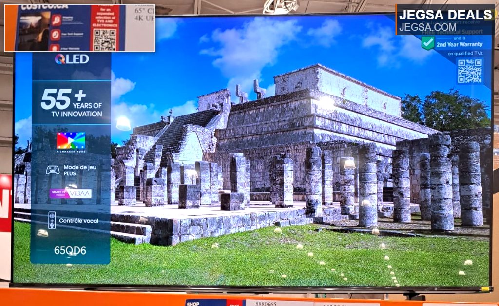 Hisense 65-inch 4K UHD QLED TV with vivid display, available at Costco with technical support and warranty.