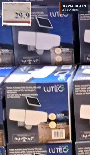 White LUTEC 3000 Lumen Solar Security LED Light with motion sensor, ideal for outdoor home security from Costco for $20.