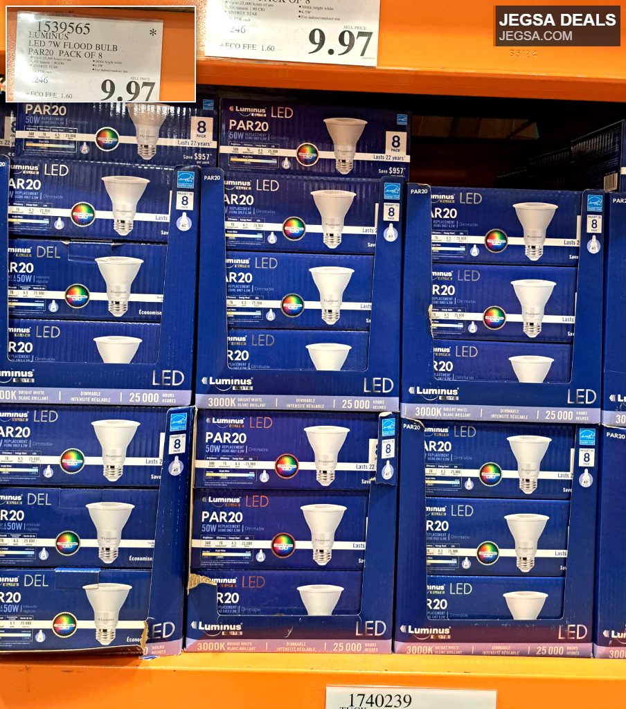Luminus LED 7W PAR20 flood light bulbs, 8-pack, dimmable, bright white, 3000K, from Costco for $9.97.