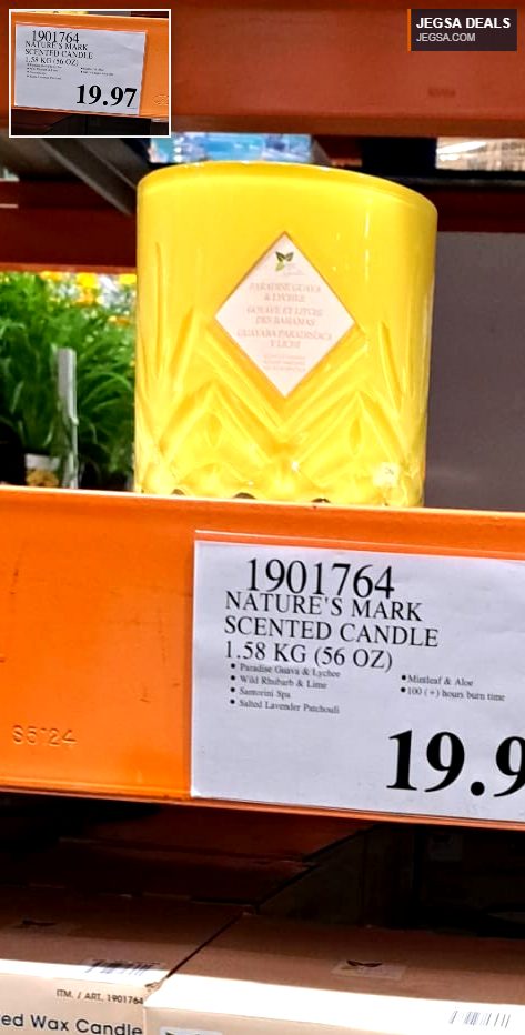Nature's Mark large 1.58 KG scented candles in decorative yellow and green glass containers from Costco, priced at $19.97.