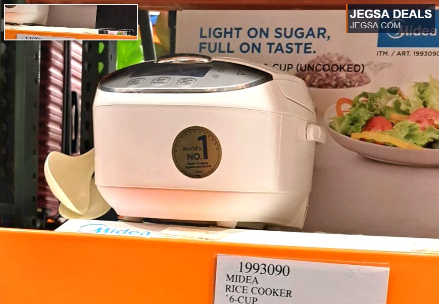 White Midea 6-cup low sugar rice cooker from Costco for $89.99, ideal for preparing healthy meals.