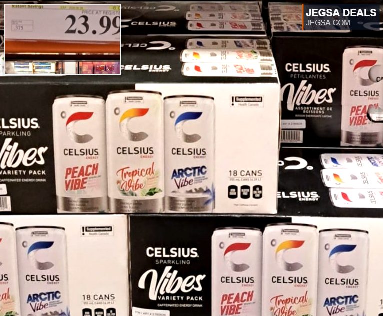 Celsius Sparkling Vibes Energy Drink Variety Pack, 18 x 355 mL, from Costco, priced at $23.99.
