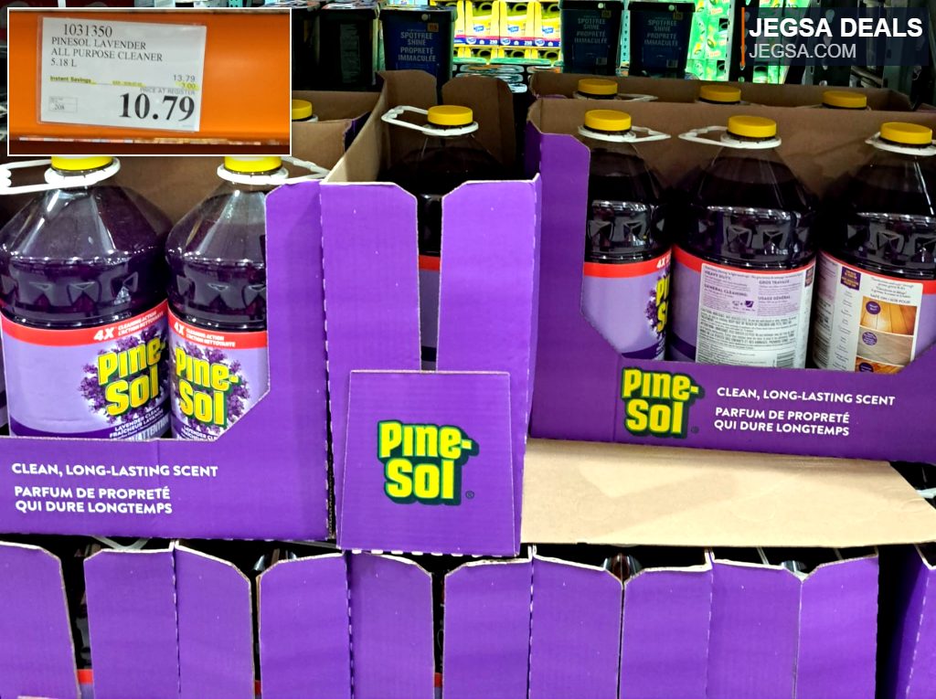 Large 5.18L bottle of Pine-Sol Lavender All Purpose Cleaner for sale at Costco for $10.79, providing a clean, long-lasting scent.